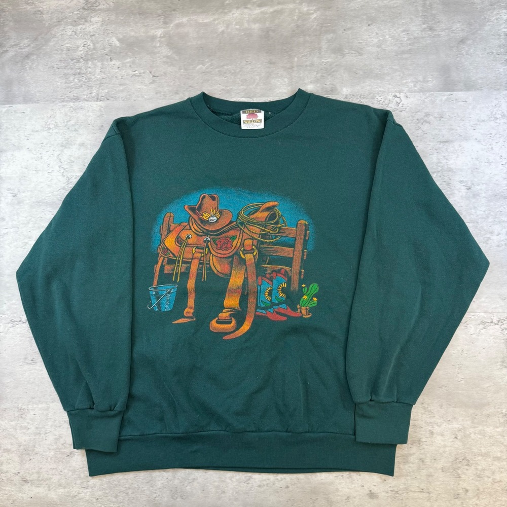 Vintage Red Willow Green Western Cowboy Saddle Graphic Sweatshirt Mens XL USA